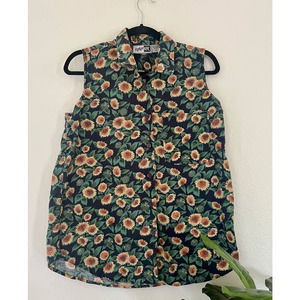 Vintage Krazy Kat 90s Women's Button Up Sunflower Tank Top Sz L